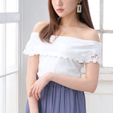 【メール便】袖ポイントレースメロウオフショルリブトップス