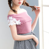 【メール便】袖ポイントレースメロウオフショルリブトップス