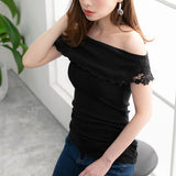 【メール便】袖ポイントレースメロウオフショルリブトップス