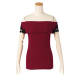 【メール便】袖ポイントレースメロウオフショルリブトップス