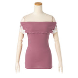 【メール便】袖ポイントレースメロウオフショルリブトップス