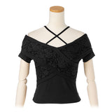 【メール便】レース挟みクロスデザインオフショル半袖カットソー