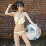 水彩花柄プリントレースボトム付きビキニ3点セット