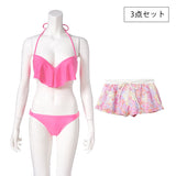 水彩花柄プリントレースボトム付きビキニ3点セット