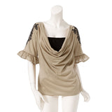 ショルダーデザインレースドレープセクシーカットソー