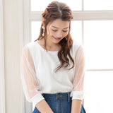 【メール便】袖チュールストライプリブトップス