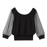 【メール便】袖チュールストライプリブトップス
