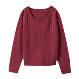 クルーネックorVネックケーブルニットトップス