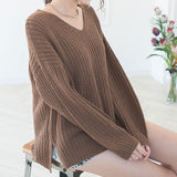 サイドスリット畦編みVネックニット