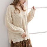 サイドスリット畦編みVネックニット