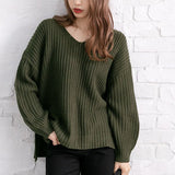 サイドスリット畦編みVネックニット