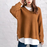 サイドスリット畦編みVネックニット