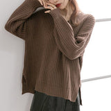 サイドスリット畦編みVネックニット