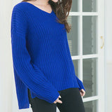 サイドスリット畦編みVネックニット