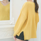 サイドスリット畦編みVネックニット