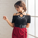 【メール便】フロントビジューオフショルカットソートップス