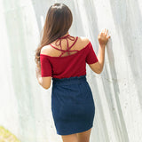 【メール便】フロントビジューオフショルカットソートップス