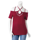 【メール便】フロントビジューオフショルカットソートップス