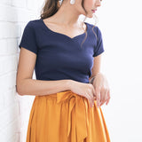 【メール便】ハートネックリブ半袖トップス