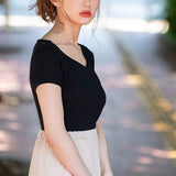 【メール便】ハートネックリブ半袖トップス