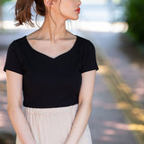 【メール便】ハートネックリブ半袖トップス