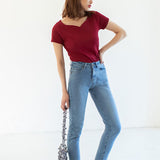 【メール便】ハートネックリブ半袖トップス