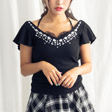 【メール便】バックフリルビジュー付きテレコトップス