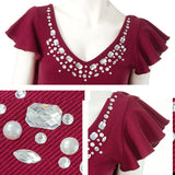 【メール便】バックフリルビジュー付きテレコトップス