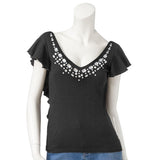 【メール便】バックフリルビジュー付きテレコトップス