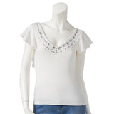 【メール便】バックフリルビジュー付きテレコトップス