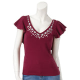 【メール便】バックフリルビジュー付きテレコトップス