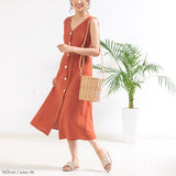 バックリボンフロントボタンノースリワンピース