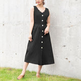 バックリボンフロントボタンノースリワンピース