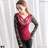 【メール便】フロントクロスビジューレーススリーブトップス