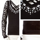 【メール便】フロントクロスビジューレーススリーブトップス