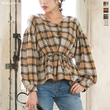 チェックドロストVネックブラウス