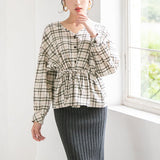 チェックドロストVネックブラウス