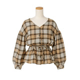 チェックドロストVネックブラウス