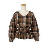 チェックドロストVネックブラウス