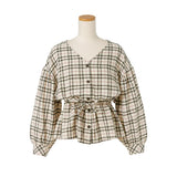 チェックドロストVネックブラウス