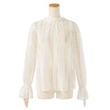 スタンドカラーストライプレースブラウス