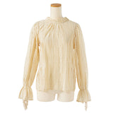 スタンドカラーストライプレースブラウス