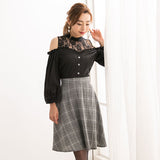 チェック柄レースプチハイフリルドッキングワンピース