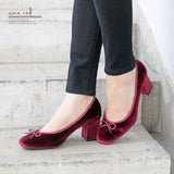 ヒールアップスクエアトゥファーパンプス