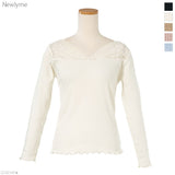 【メール便】両Vネックレース切り替えリブ長袖トップス