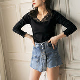 【メール便】両Vネックレース切り替えリブ長袖トップス