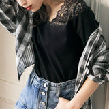 【メール便】両Vネックレース切り替えリブ長袖トップス