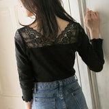 【メール便】両Vネックレース切り替えリブ長袖トップス