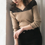 【メール便】両Vネックレース切り替えリブ長袖トップス
