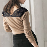 【メール便】両Vネックレース切り替えリブ長袖トップス